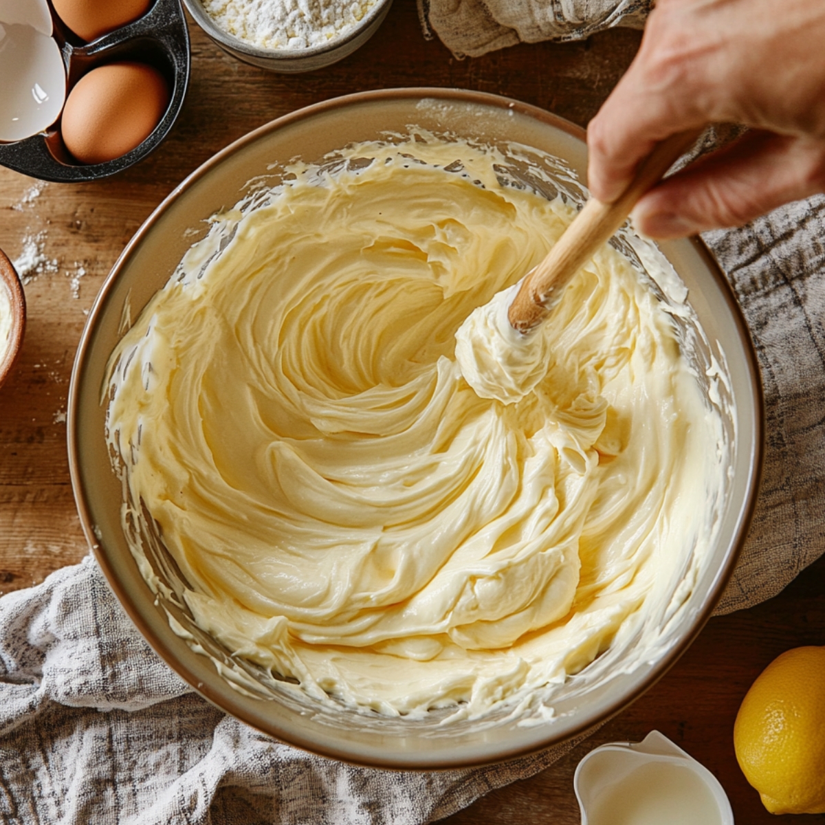 Creamy lemon cheesecake filling being mixed in a bowl with a spatula, surrounded by eggs, flour, lemon, and milk on a rustic kitchen counter.