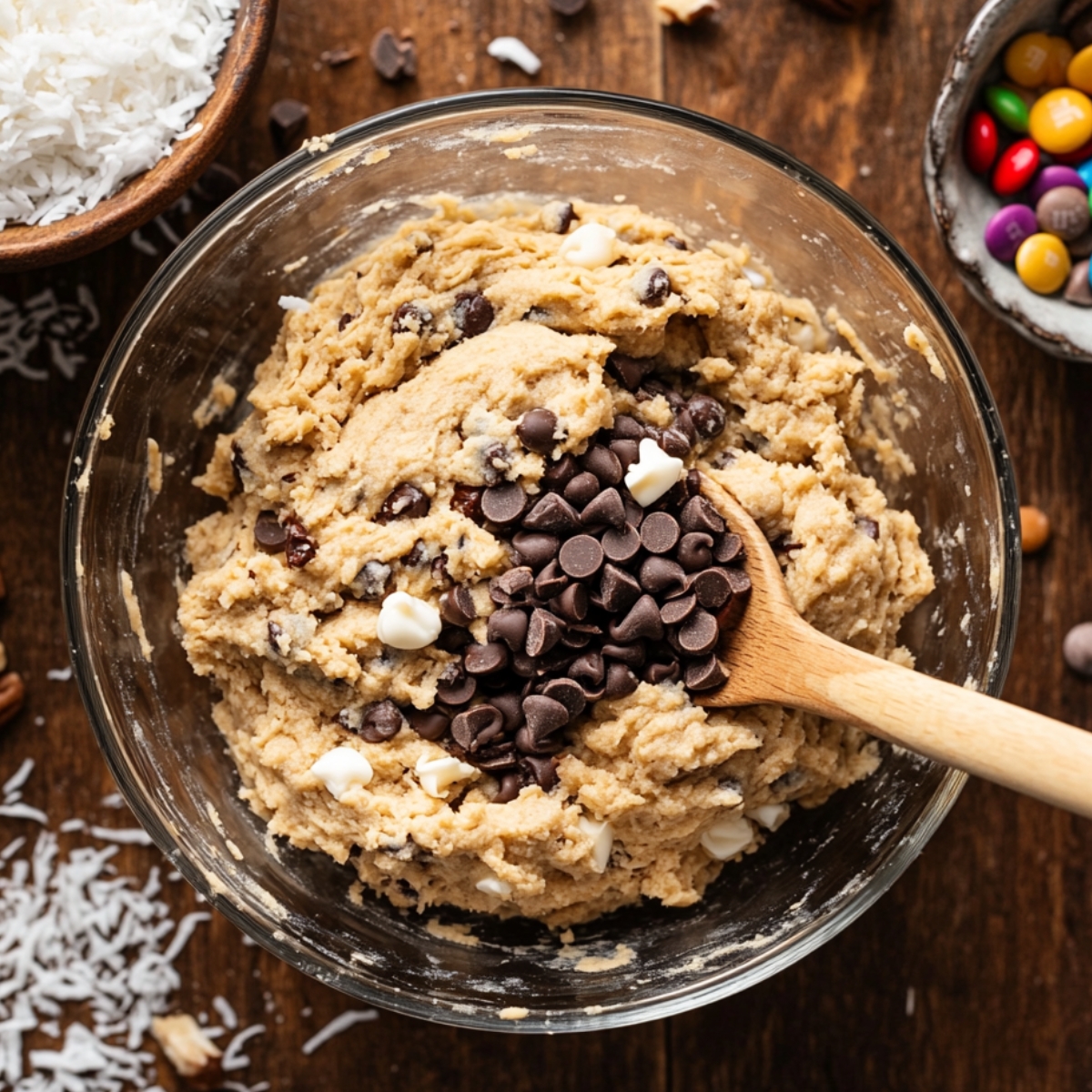 Close-up of homemade cookie dough with chocolate chips, shredded coconut, pecans, and colorful candies, resting on a rustic wooden surface.