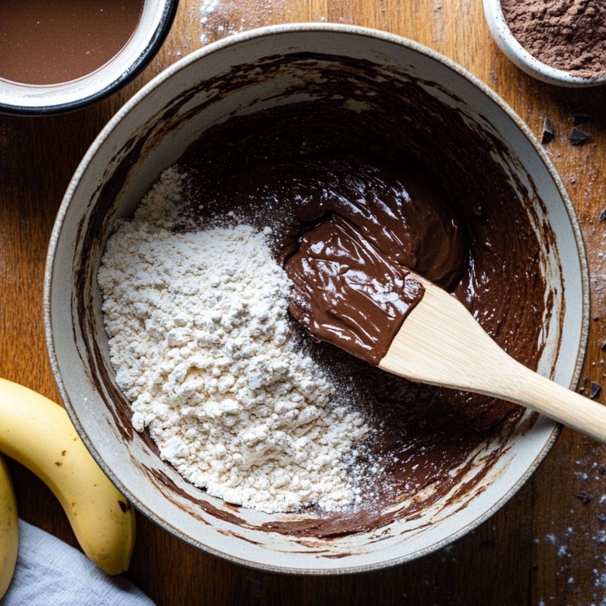 A mixing bowl with rich chocolate batter and a pile of flour being gently stirred with a wooden spatula, set on a wooden kitchen counter with cocoa powder and bananas nearby.