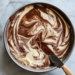 Vanilla and chocolate cake batters swirled together in a round pan with a spatula, mid-mixing, on a marble countertop — homemade and in progress.