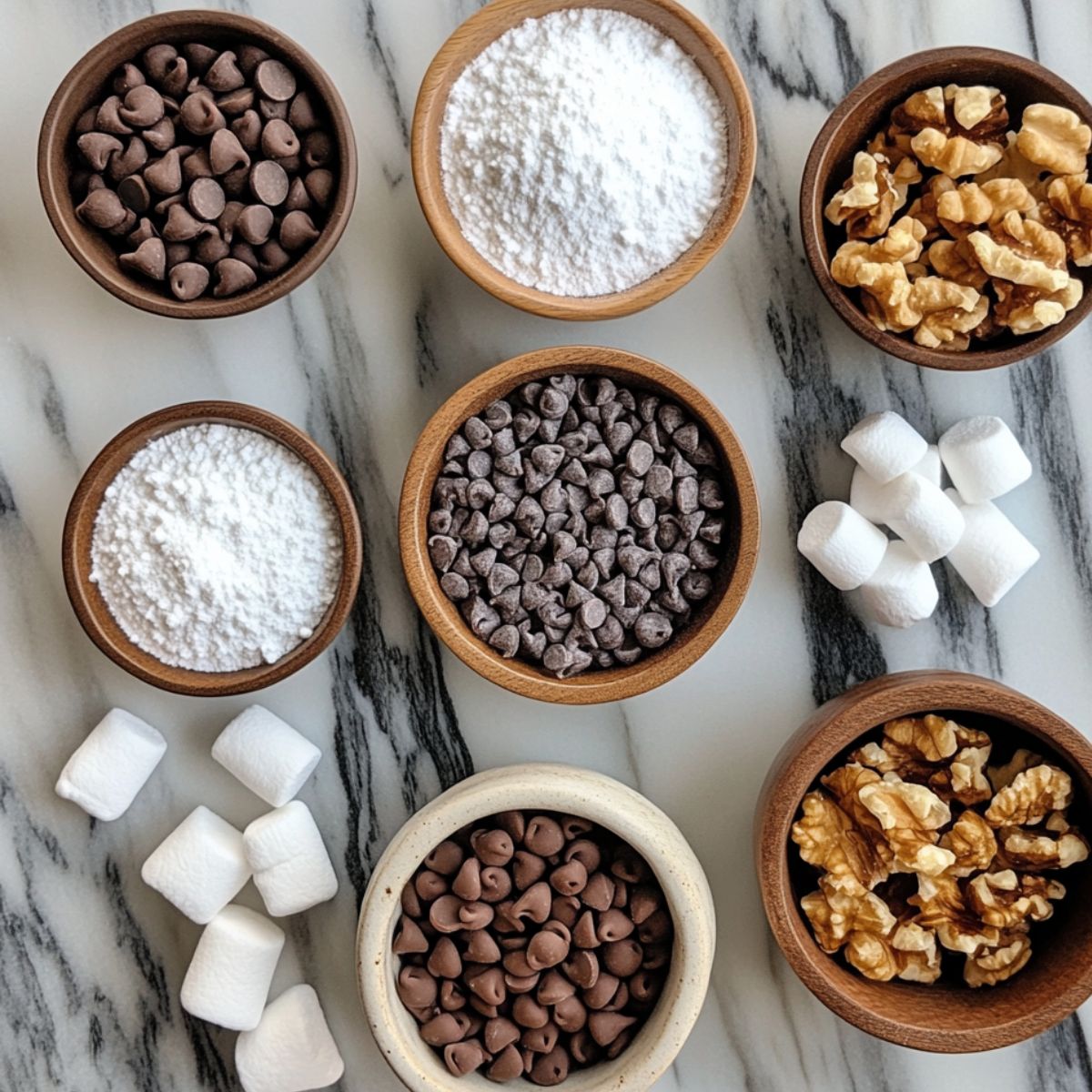 Assorted mix-ins for banana bread brownies—chocolate chips, walnuts, powdered sugar, and mini marshmallows—arranged in small bowls on a marble surface.