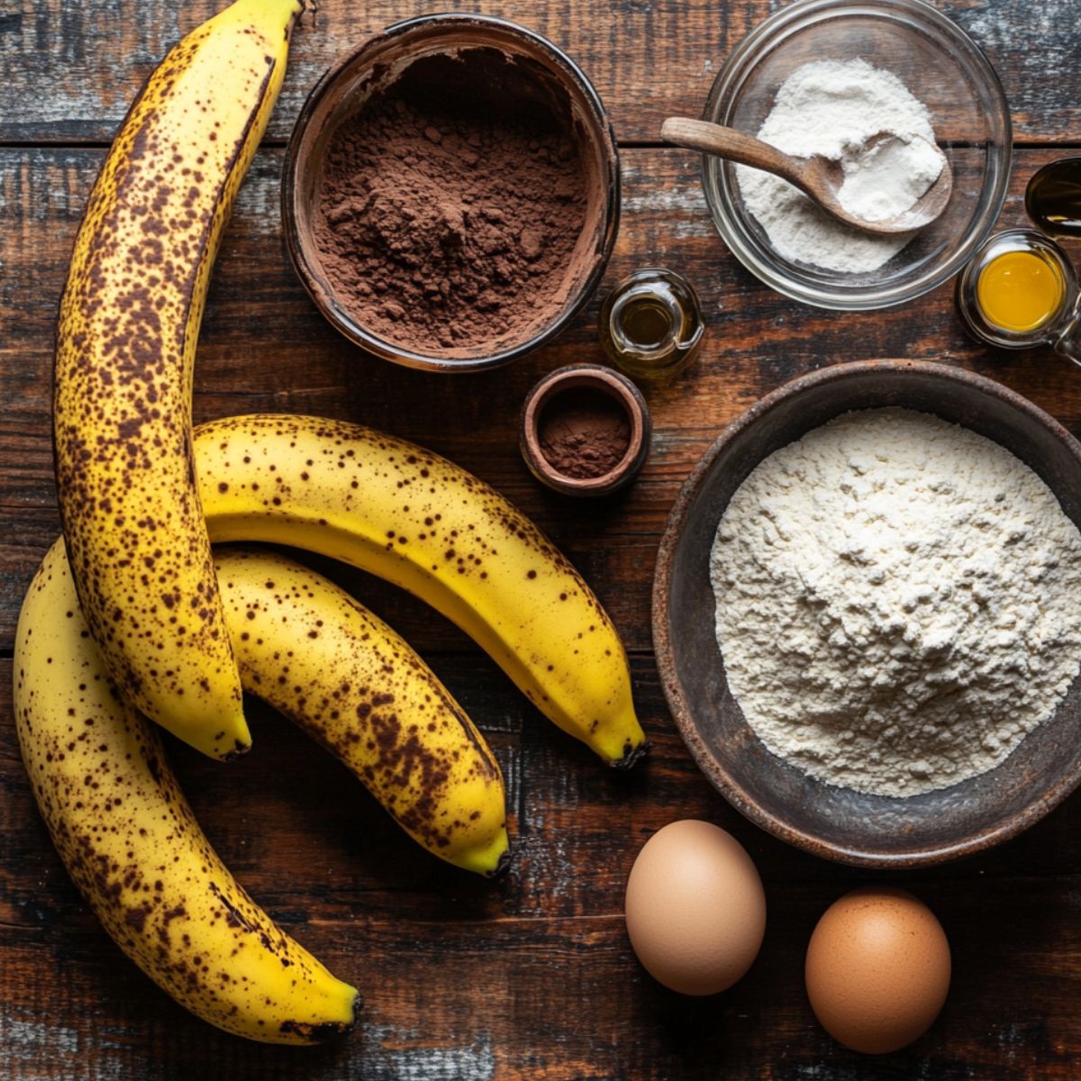 Overhead view of ripe bananas, flour, cocoa powder, eggs, melted butter, and vanilla extract on a rustic wooden table—ingredients for homemade banana bread brownies.