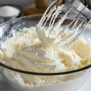 Smooth, whipped cream cheese in a glass bowl with a stand mixer whisk attachment coated in the creamy mixture, part of lemon cheesecake preparation.