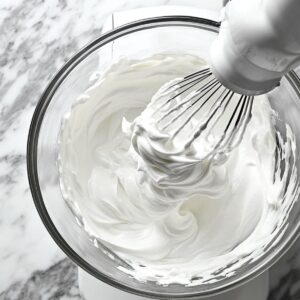 Whipped meringue with stiff glossy peaks in a glass bowl on a marble counter, attached to a stand mixer whisk.