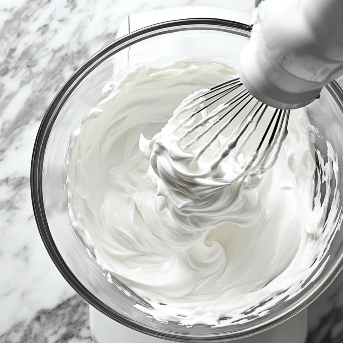 Whipped meringue with stiff glossy peaks in a glass bowl on a marble counter, attached to a stand mixer whisk.