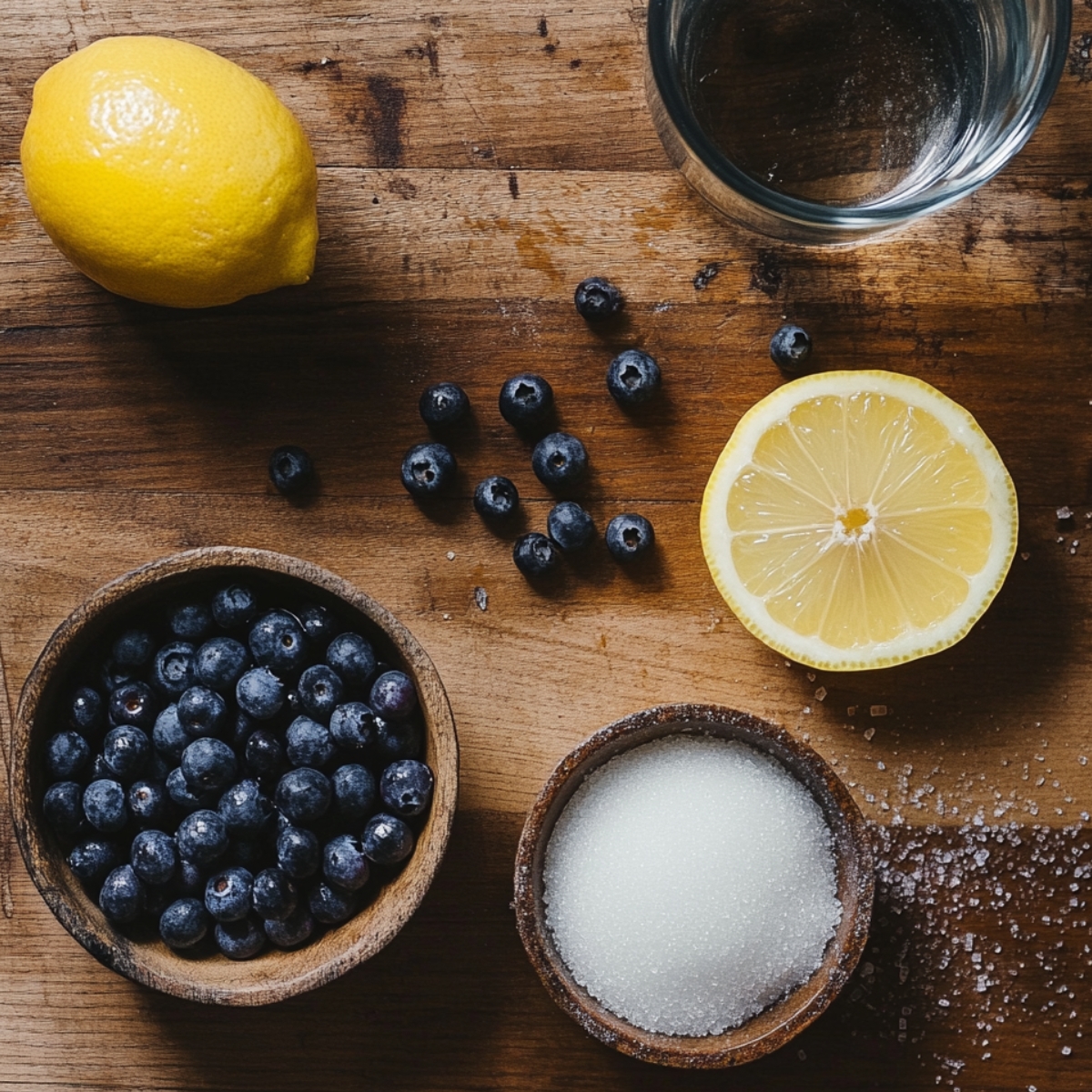 Fresh blueberries, sugar, lemon, and water arranged on a rustic wooden surface for a homemade cheesecake topping.
