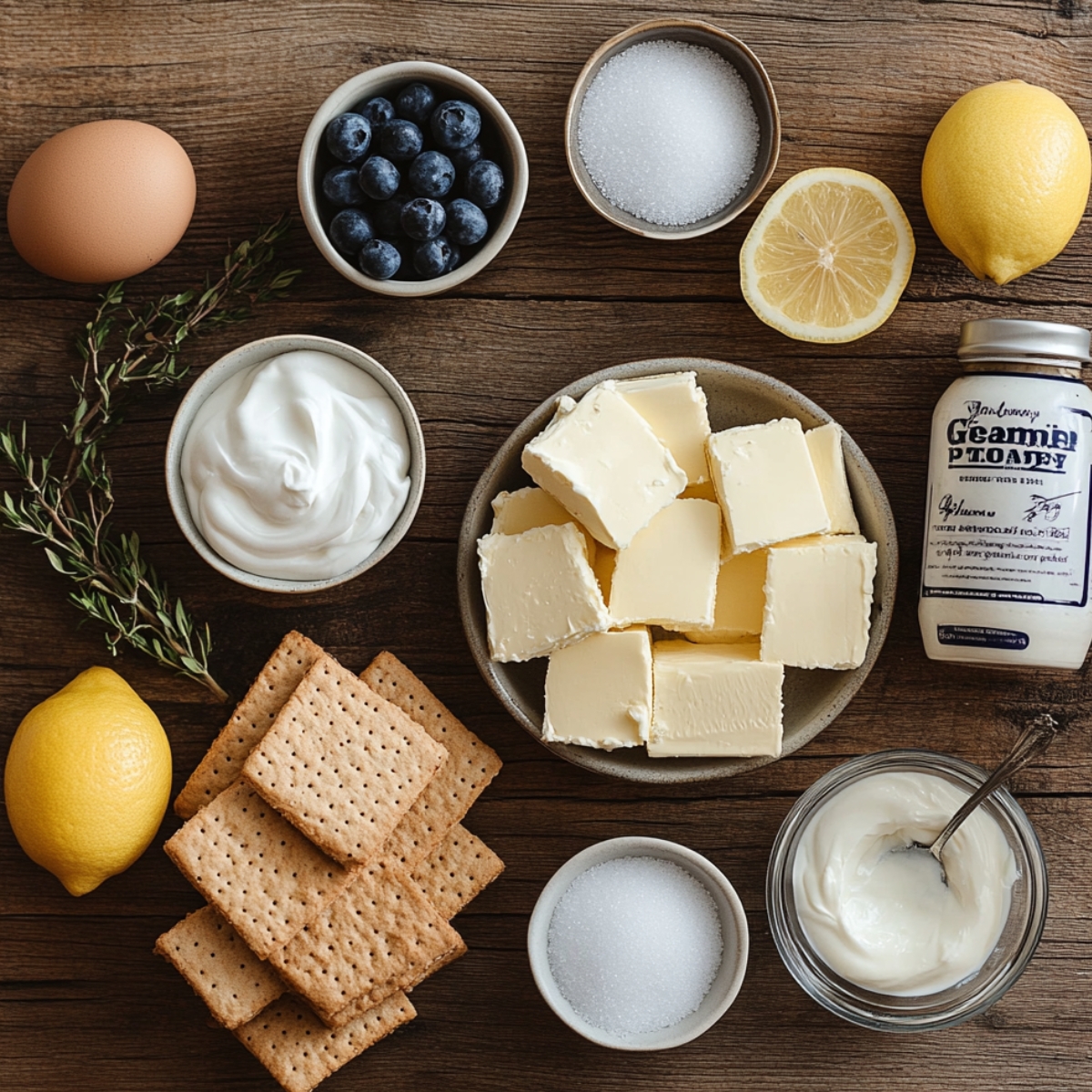 Top-down view of blueberry cheesecake ingredients on a wooden table, including graham crackers, butter, sugar, blueberries, lemon, sour cream, cream cheese, an egg, and fresh thyme.