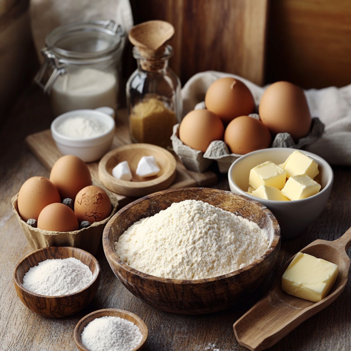 Rustic kitchen counter with flour, eggs, butter cubes, sugar, milk, vanilla extract, and baking ingredients arranged naturally for a homemade Boston cream pie.
