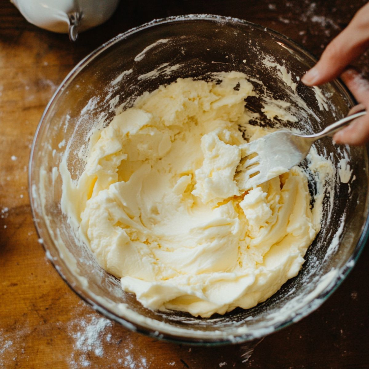 Thick cake batter being folded in a glass bowl with a fork on a floured wooden countertop, showing a homemade baking moment.