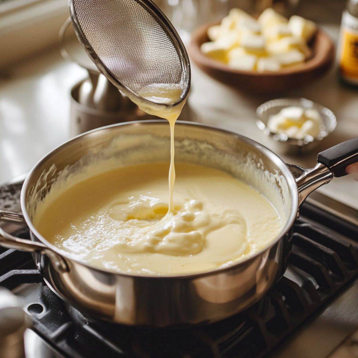 Smooth vanilla custard being strained into a saucepan on a stovetop, with cubes of butter and vanilla extract nearby, in a cozy homemade kitchen setting.