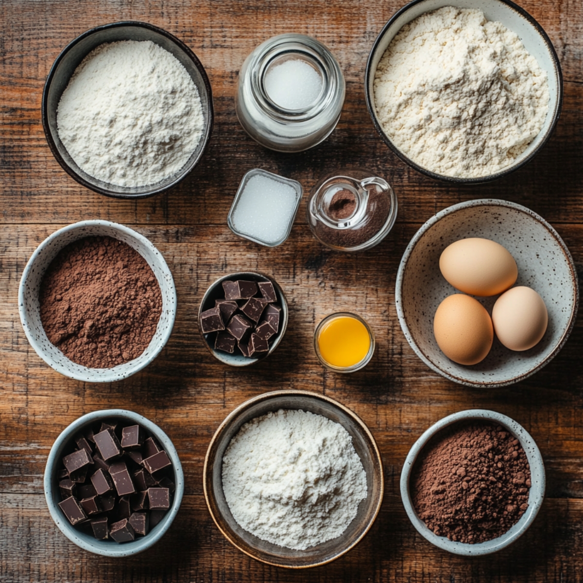 Baking ingredients for chocolate marshmallow swirl cookies arranged on a wooden surface, including flour, cocoa, eggs, sugar, and chocolate chunks.