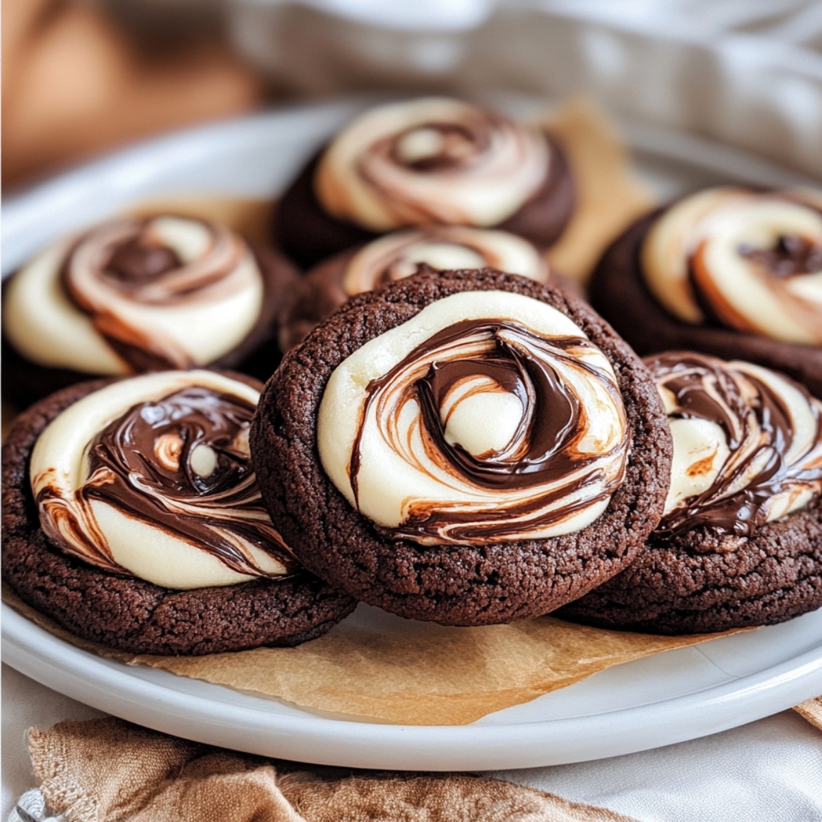 Chocolate marshmallow swirl cookies on a plate, with rich chocolate bases and marbled tops of melted marshmallow and chocolate.