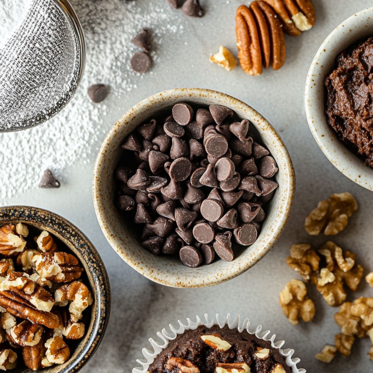 Close-up of chocolate chips, chopped nuts, powdered sugar, muffin batter, and a baked chocolate muffin on a light surface, arranged for homemade baking.
