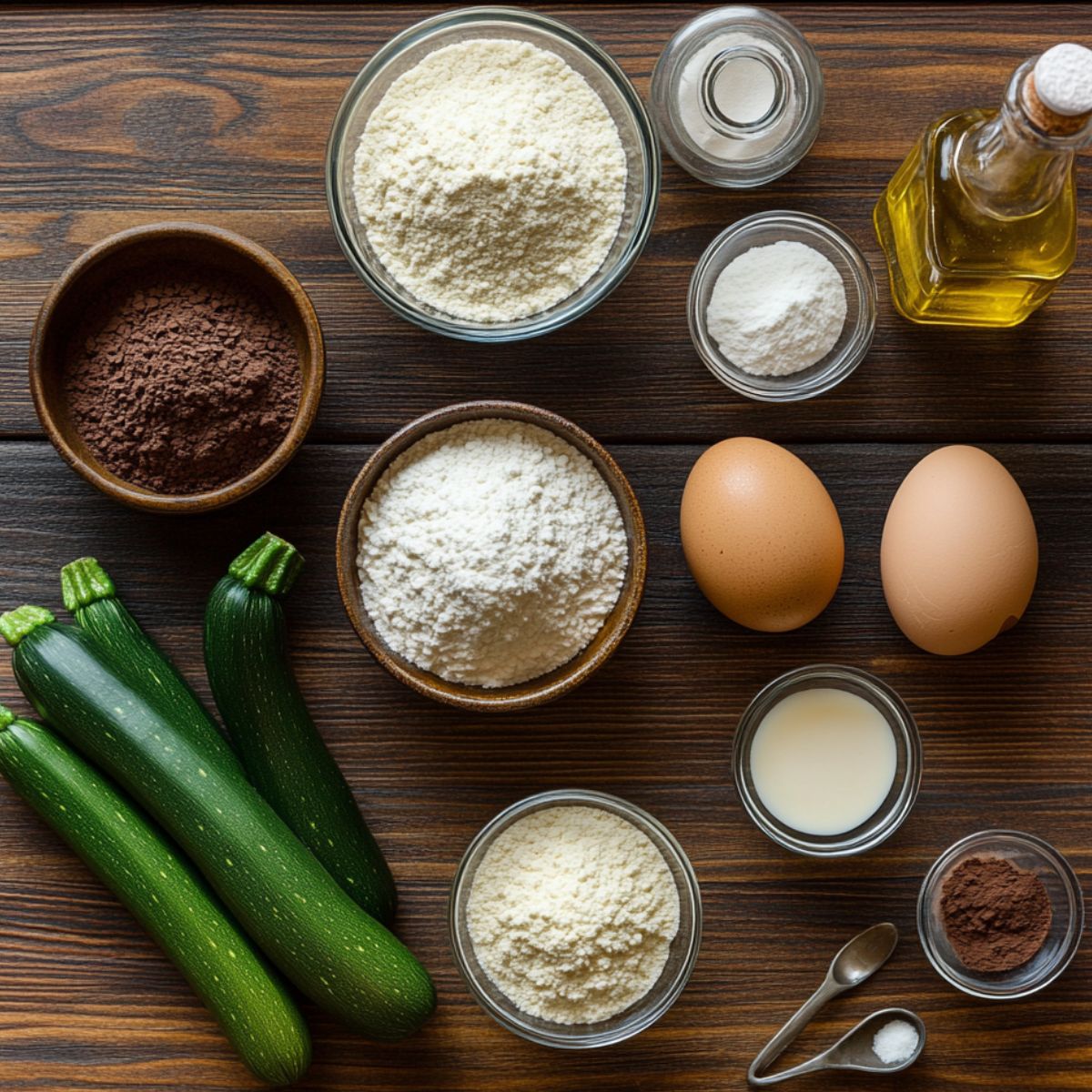 Flat lay of chocolate zucchini muffinS ingredients on a wooden table, including fresh zucchinis, flour, cocoa powder, sugar, eggs, oil, milk, and baking essentials in small bowls.