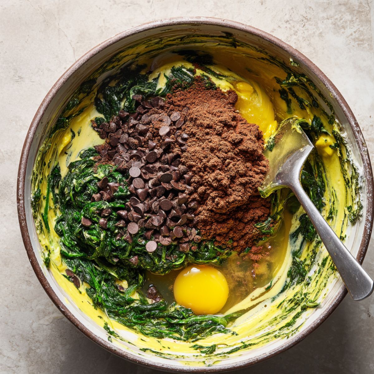 Bowl of spinach brownie batter in progress with eggs, cocoa powder, chocolate chips, and chopped spinach, partially mixed with a metal spoon.