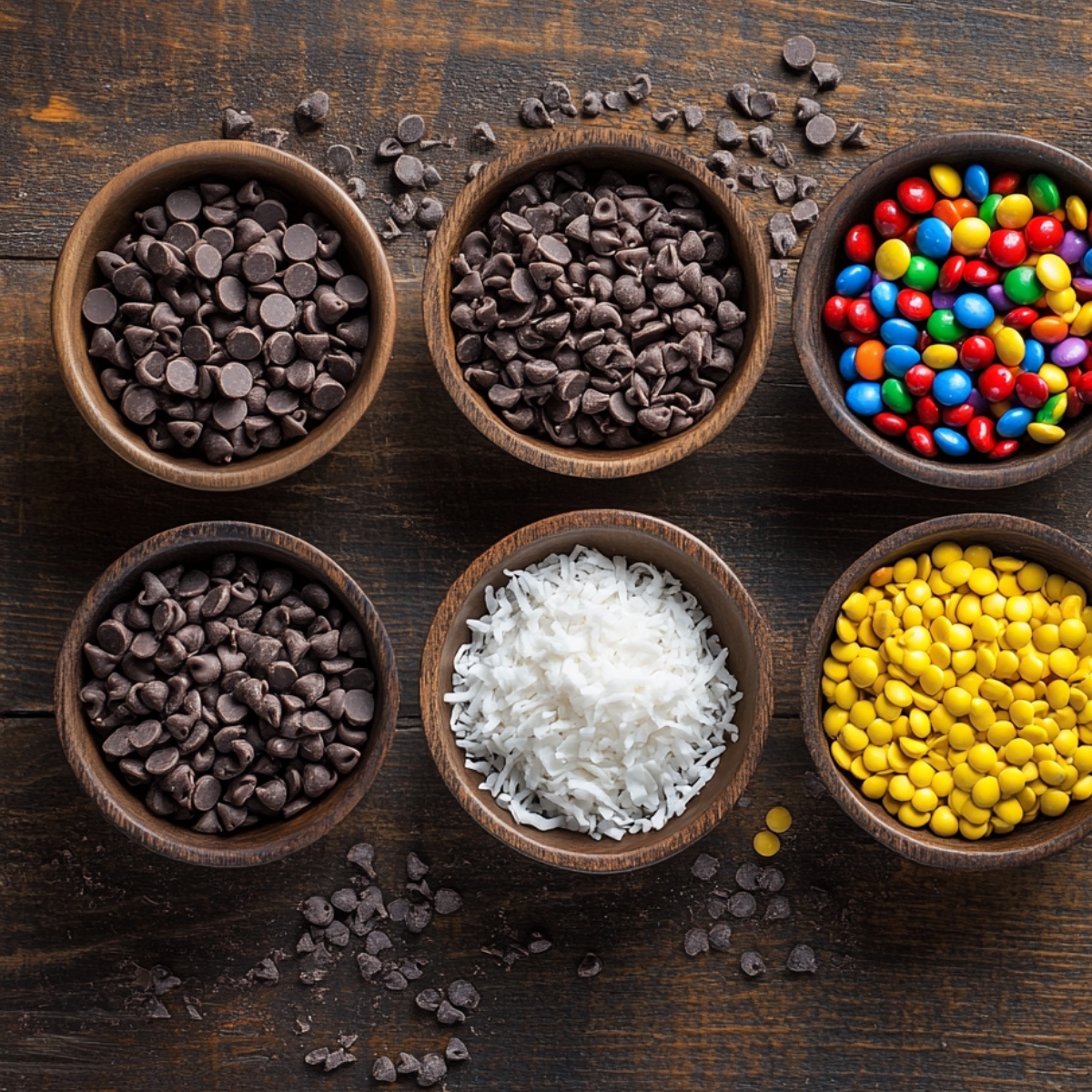 Wooden bowls filled with chocolate chips, mini M&M's, shredded coconut, and yellow candy-coated chocolate chips on a rustic wooden surface.