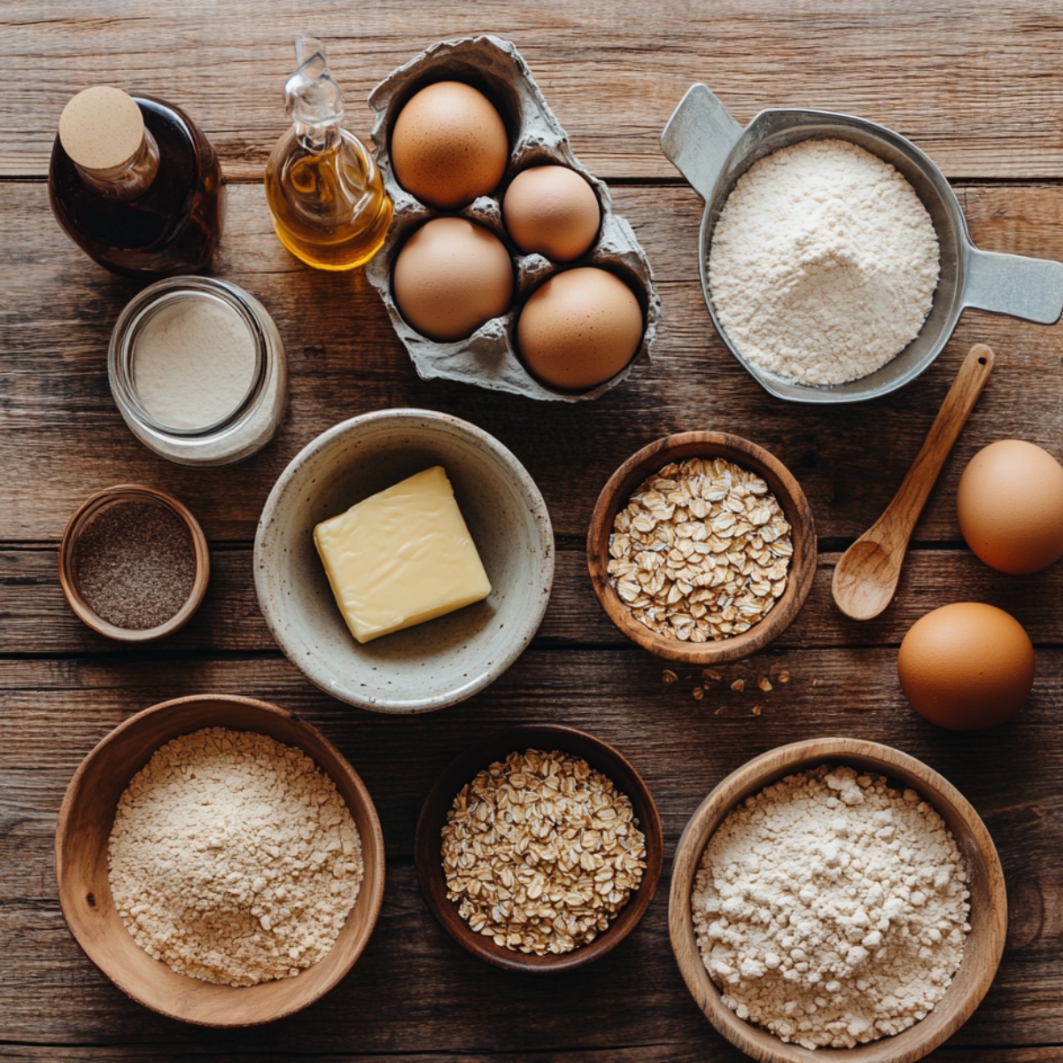 A rustic kitchen countertop with ingredients for cowboy cookies: a stick of butter, bowls of flour and oats, several eggs, and a measuring cup of flour. A jar of sugar, ground pepper, and a wooden spoon are also visible, creating a cozy, homemade baking scene.