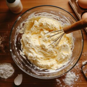 Close-up of a creamy butter mixture in a glass bowl with a wooden whisk, surrounded by flour, eggs, and vanilla extract on a wooden countertop