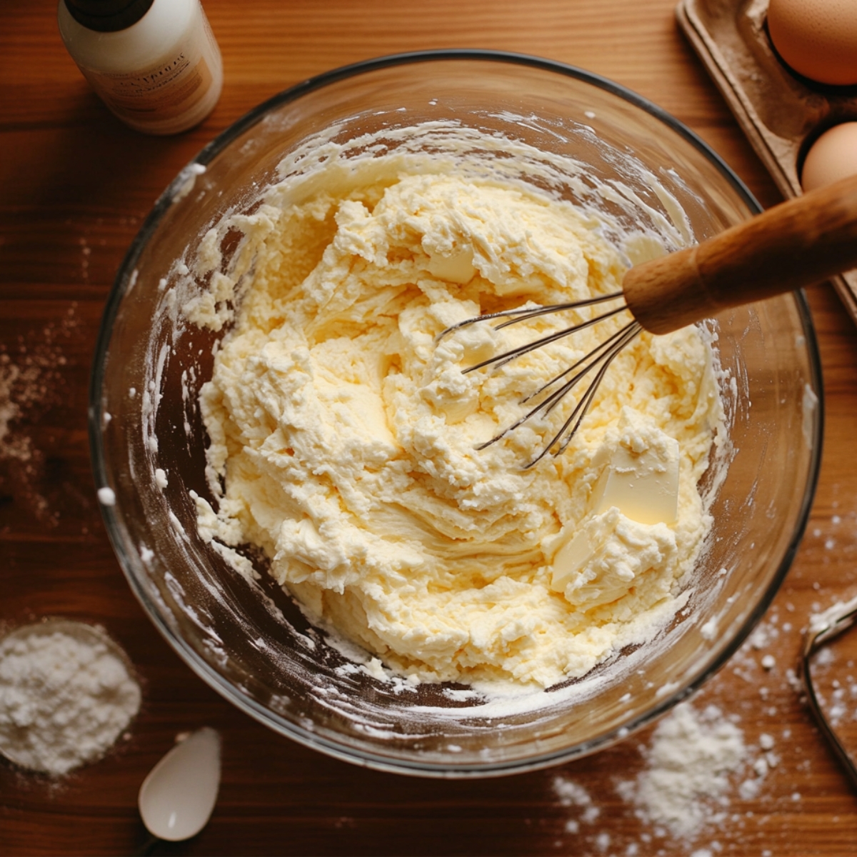 Close-up of a creamy butter mixture in a glass bowl with a wooden whisk, surrounded by flour, eggs, and vanilla extract on a wooden countertop