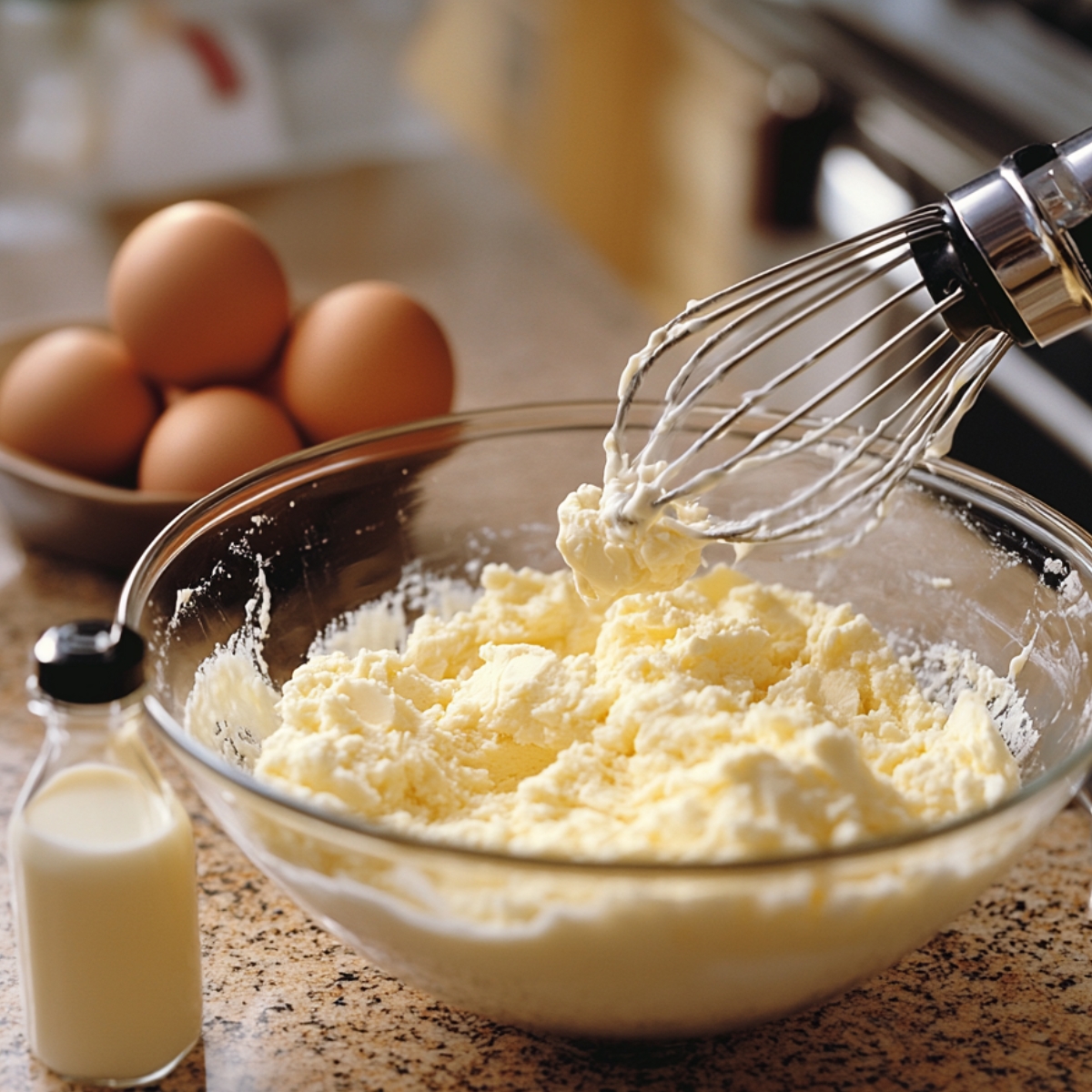 Creamed butter and sugar in a large glass bowl with a hand mixer whisk attachment, surrounded by brown eggs in a bowl and a small bottle of milk on a kitchen counter.