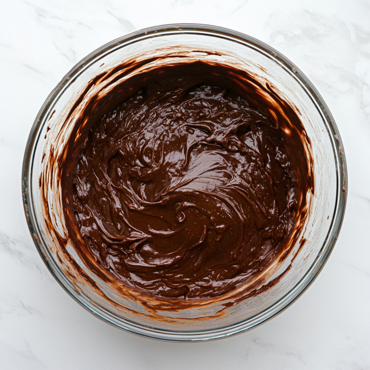 Rich chocolate cake batter in a glass bowl with swirls, on a white marble countertop — thick, glossy, and freshly mixed.