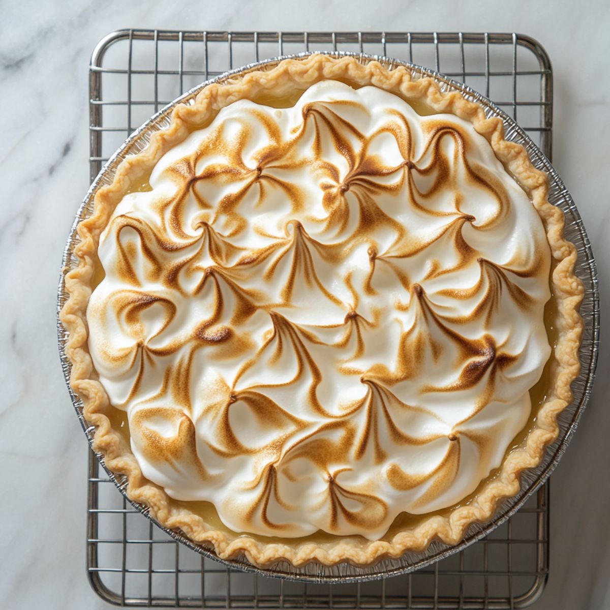 Homemade lemon meringue pie with golden toasted peaks, cooling on a wire rack over marble.