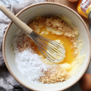 Whisk mixing melted butter, sugars, and yogurt in a bowl for gluten-free brownie batter, with an egg and vanilla nearby.
