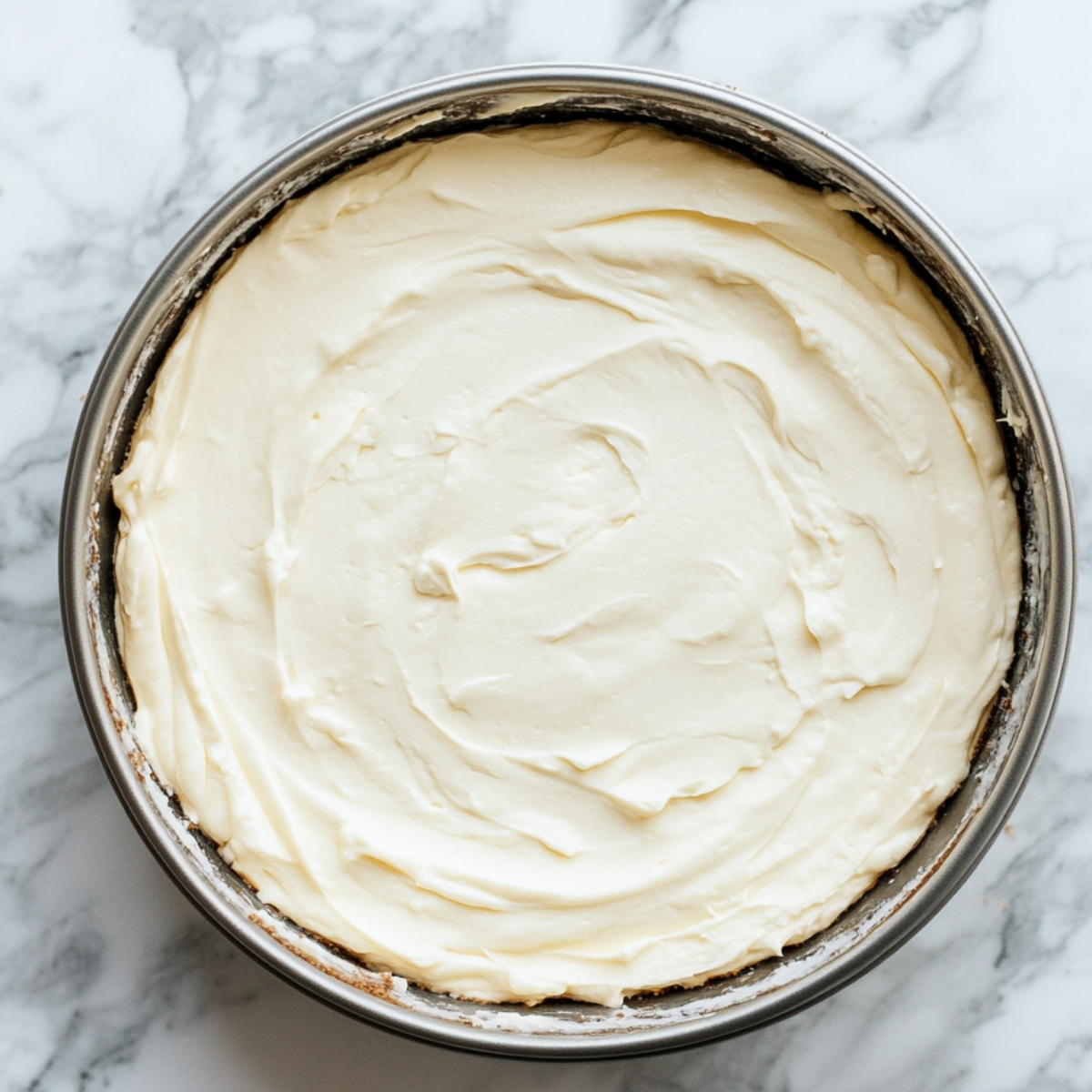 Creamy cheesecake filling spread in a springform pan with visible swirls, resting on a marble countertop.