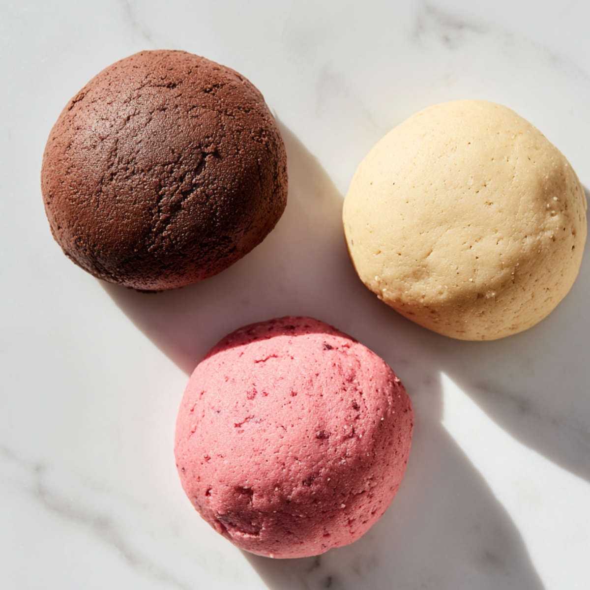 Chocolate, vanilla, and strawberry cookie dough balls on a white marble counter in natural light.