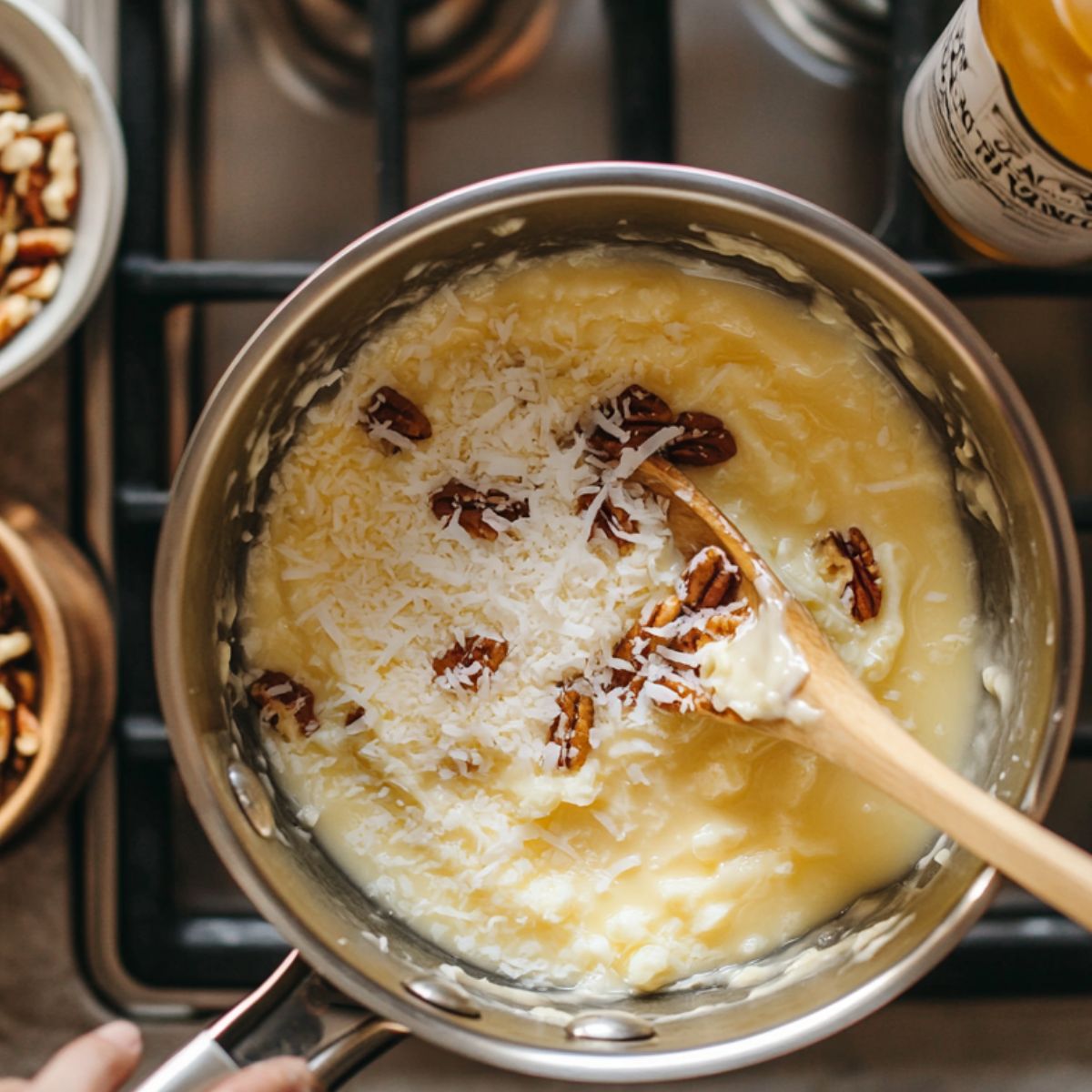 Homemade coconut pecan frosting being stirred on the stovetop for white German chocolate cake, with shredded coconut and pecans in a creamy custard base.