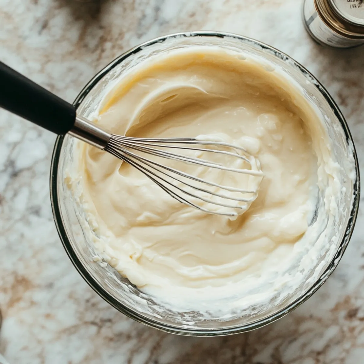 A glass bowl filled with a creamy, smooth three milk mixture being whisked by hand on a marble countertop, ready to soak a homemade strawberry tres leches cake.