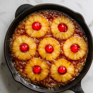 Freshly baked pineapple upside-down cake in a cast iron skillet with caramelized topping, pineapple rings, and cherries, on a marble countertop.