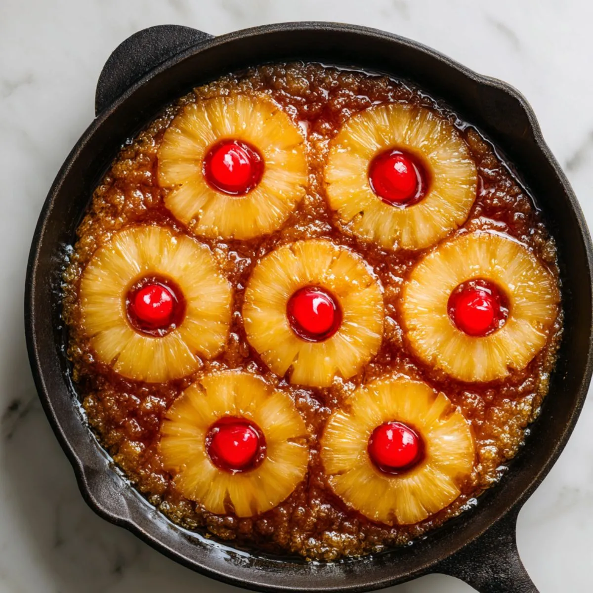 Freshly baked pineapple upside-down cake in a cast iron skillet with caramelized topping, pineapple rings, and cherries, on a marble countertop.