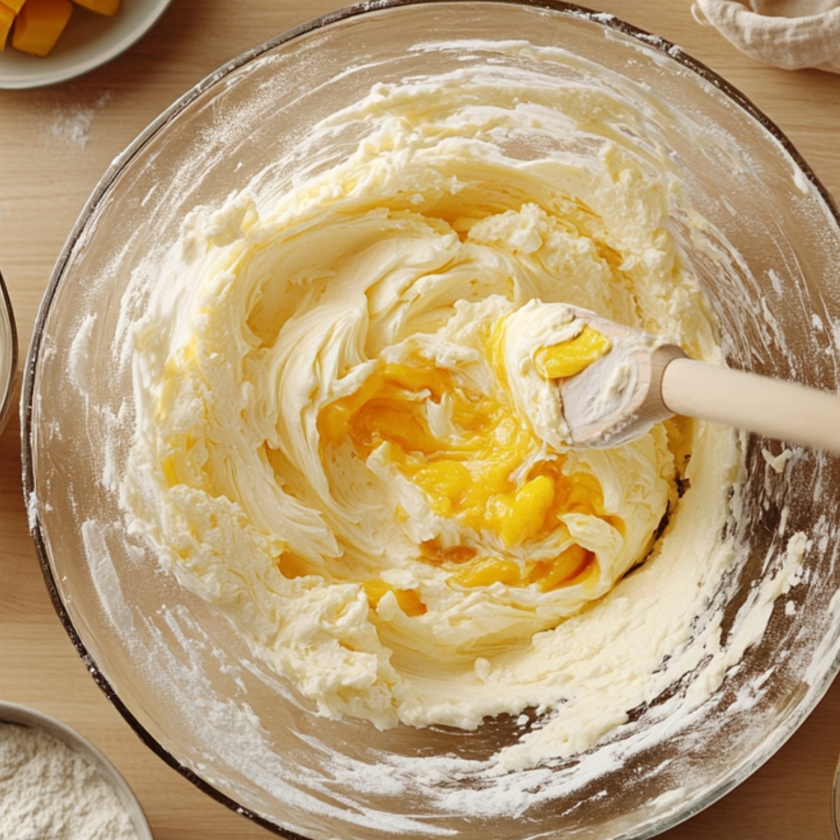 Homemade mango cake batter being mixed in a glass bowl with a spatula, showing whipped cream base and folded-in mango puree on a wooden countertop.