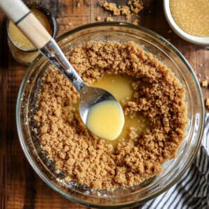 Graham cracker crumbs being mixed with melted butter in a glass bowl using a spoon, with sugar and extra butter nearby on a wooden counter.