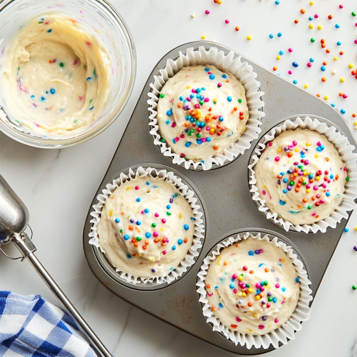 Muffin tin filled with funfetti cupcakes batter topped with rainbow sprinkles, next to a mixing bowl and scattered sprinkles.