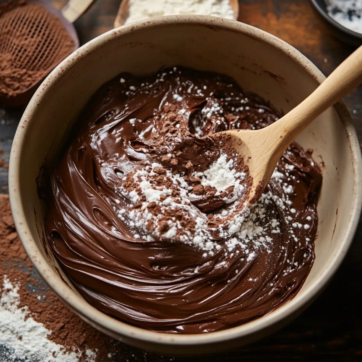 Thick chocolate brownie batter in a mixing bowl with flour and cocoa powder being folded in using a wooden spoon, surrounded by scattered ingredients on a rustic kitchen surface.