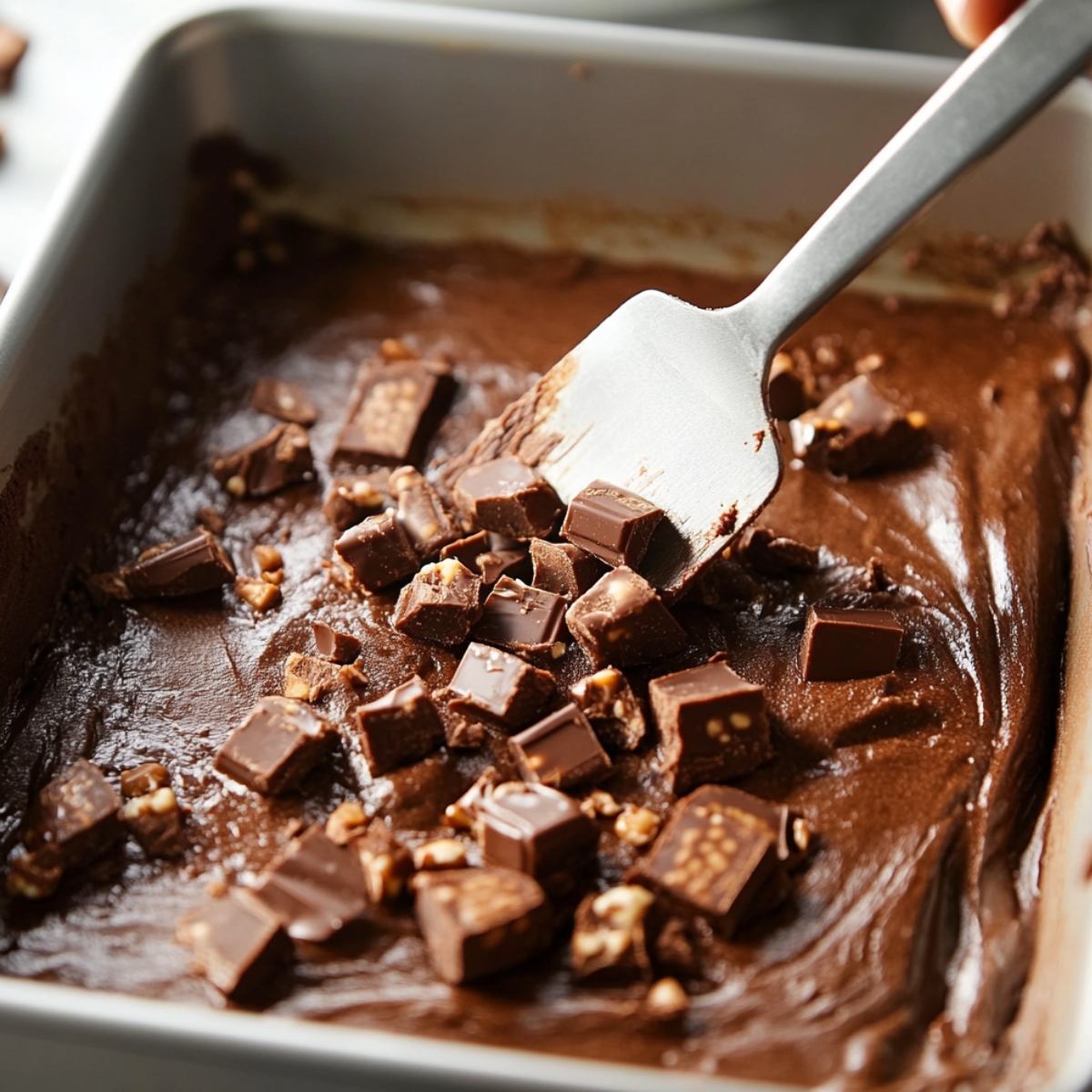 Brownie batter in a pan being folded with chopped Snickers pieces using a metal spatula, mid-prep in a homemade baking scene.