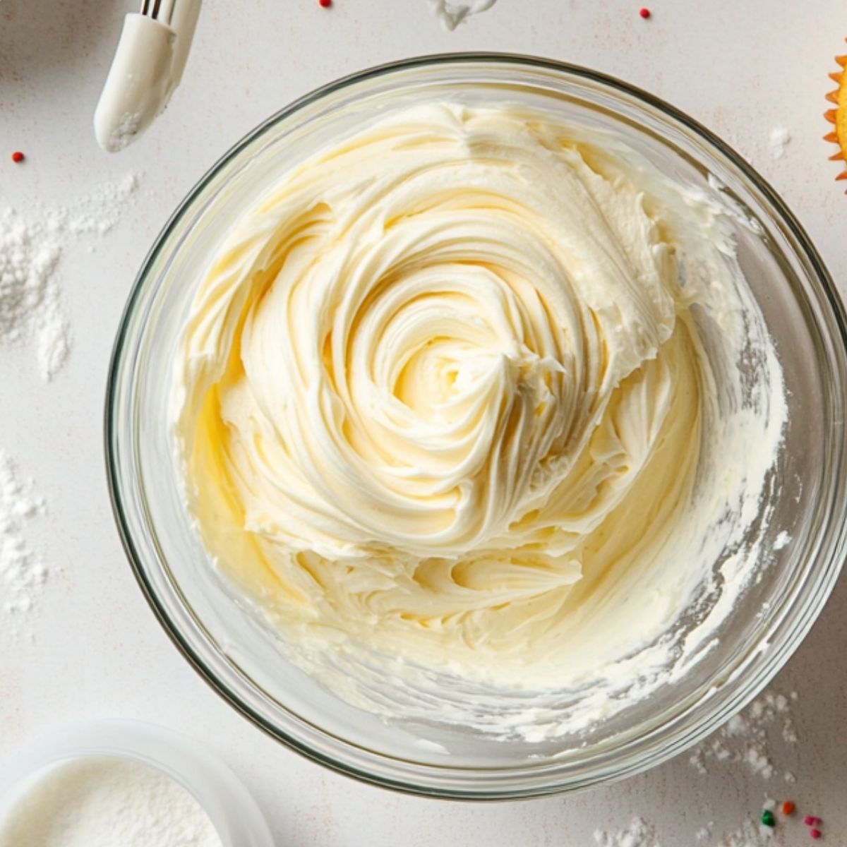 Homemade vanilla buttercream frosting swirled in a glass bowl on a white counter, with powdered sugar, a piping bag, and scattered sprinkles nearby.