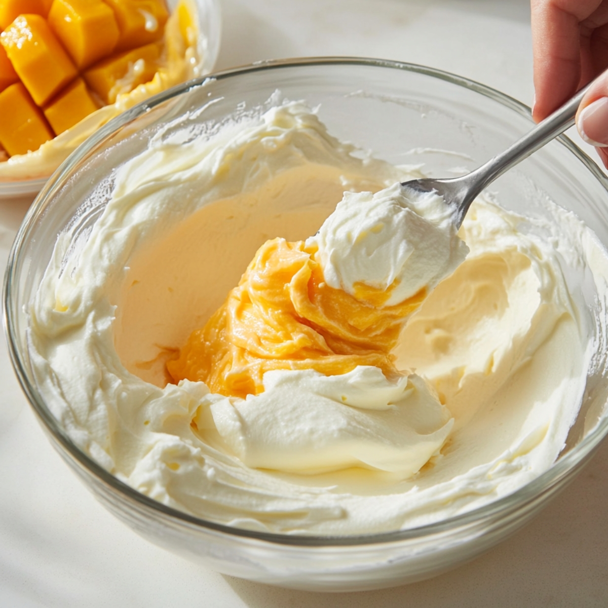 Mixing mango puree into whipped cream cheese frosting in a glass bowl with a spoon, with diced mango visible in the background.