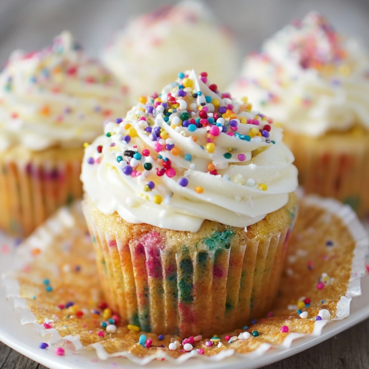Homemade funfetti cupcakes with white frosting and colorful round sprinkles, sitting in a peeled-back wrapper on a plate.