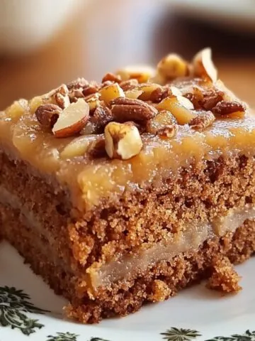 Homemade applesauce cake slice with applesauce filling and nut topping, served on a vintage floral plate with a fork on a wooden table.
