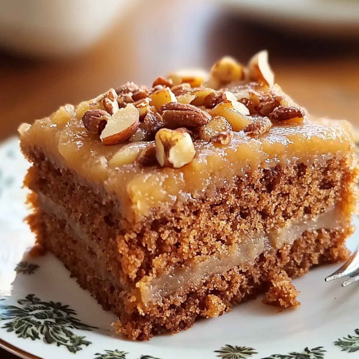 Homemade applesauce cake slice with applesauce filling and nut topping, served on a vintage floral plate with a fork on a wooden table.