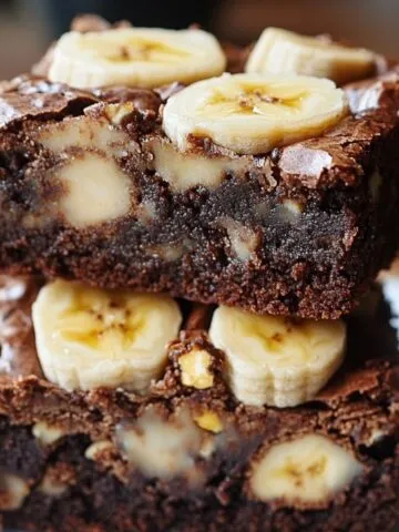 Homemade banana bread brownies stacked on a plate, with a fudgy chocolate base, baked-in banana chunks, and banana slices on top. Rich, moist, and freshly baked with a crackly top and ripe bananas in the background.