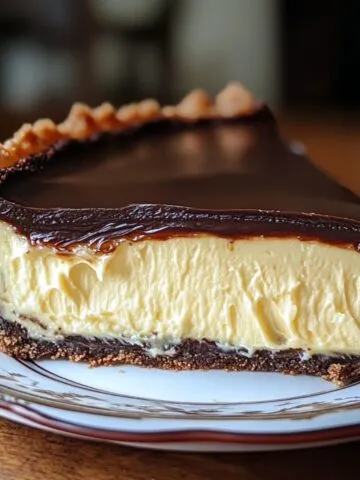 Homemade Boston cream pie slice with rich chocolate ganache, creamy vanilla custard, and a rustic chocolate crust on a decorative plate.