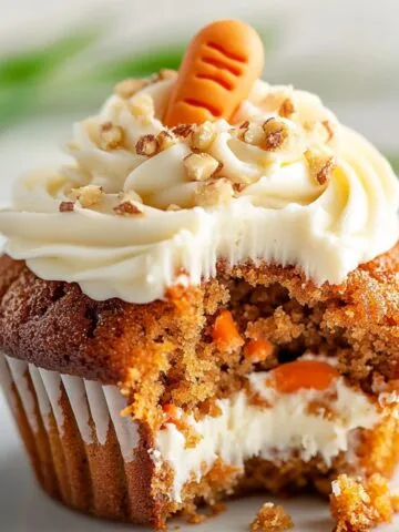 Homemade carrot cake cupcakes with cream cheese frosting, chopped nuts, and a fondant carrot on top, showing a moist interior and creamy filling after a bite.
