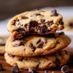 Stack of homemade chocolate chip cookies on a wooden board, with the top cookie bitten to reveal a soft, gooey center and melted chocolate chips.