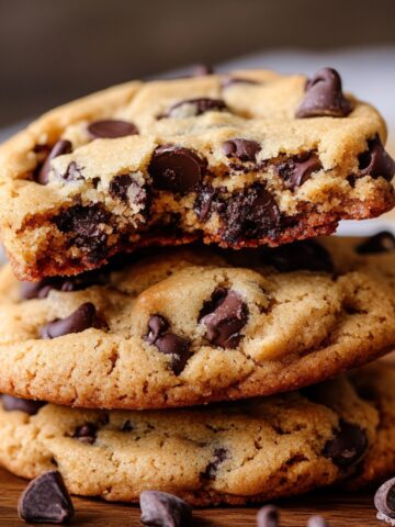 Stack of homemade chocolate chip cookies on a wooden board, with the top cookie bitten to reveal a soft, gooey center and melted chocolate chips.