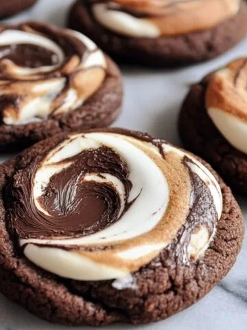 Homemade Chocolate Marshmallow Swirl Cookies of toasted marshmallow and melted chocolate on a marble surface, soft and fudgy with a gooey, golden top.