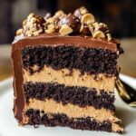 A realistic slice of homemade chocolate peanut butter cake with dark, moist layers, creamy peanut butter frosting, glossy chocolate ganache, and a topping of peanuts and chocolate candies on a white plate.